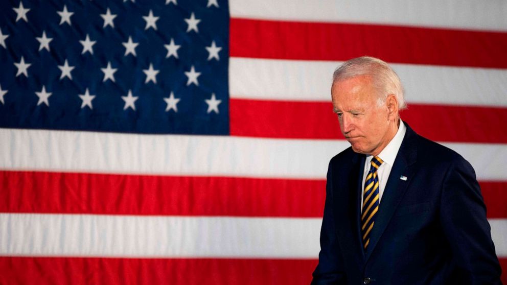 PHOTO: In this file photo taken on June 17, 2020, Democratic presidential candidate Joe Biden departs after speaking about reopening the country during a speech in Darby, Pa.