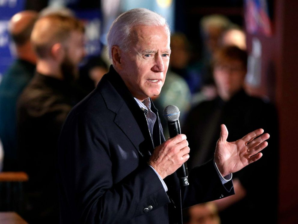 PHOTO: Former vice president and Democratic presidential candidate Joe Biden speaks during a campaign stop at the Community Oven restaurant in Hampton, N.H., May 13, 2019.