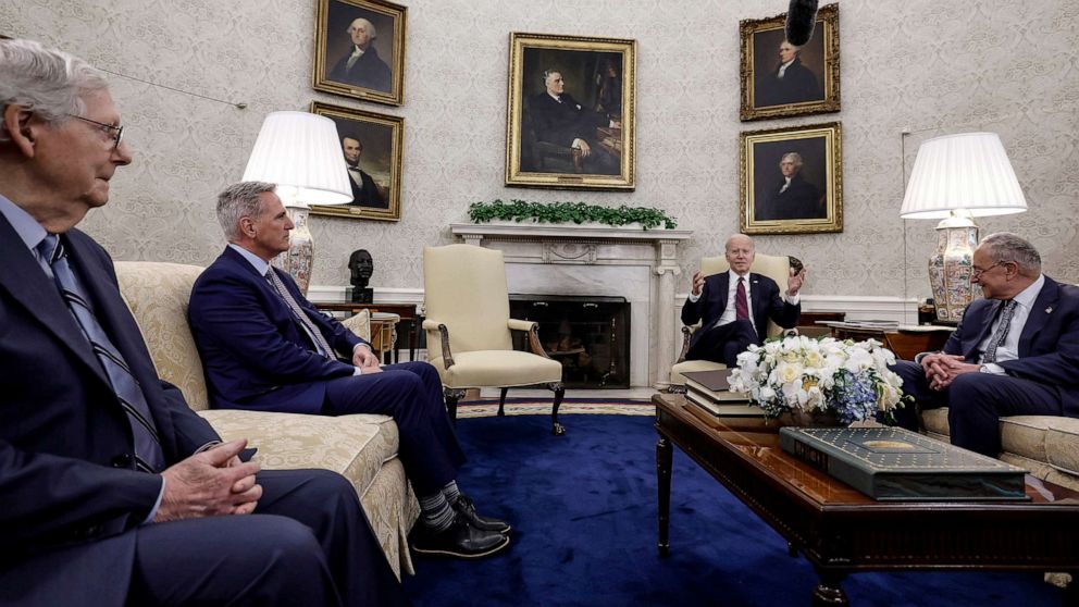 PHOTO: FILE - Senate Minority Leader Mitch McConnell, Speaker of the House Kevin McCarthy and President Joe Biden, meet with other lawmakers in the Oval Office of the White House, May 09, 2023 in Washington, DC.