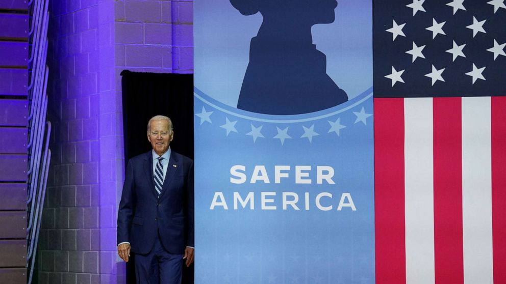 PHOTO: President Joe Biden arrives to deliver remarks on gun crime and his "Safer America Plan" during an event in Wilkes Barre, Pa, Aug. 30, 2022.