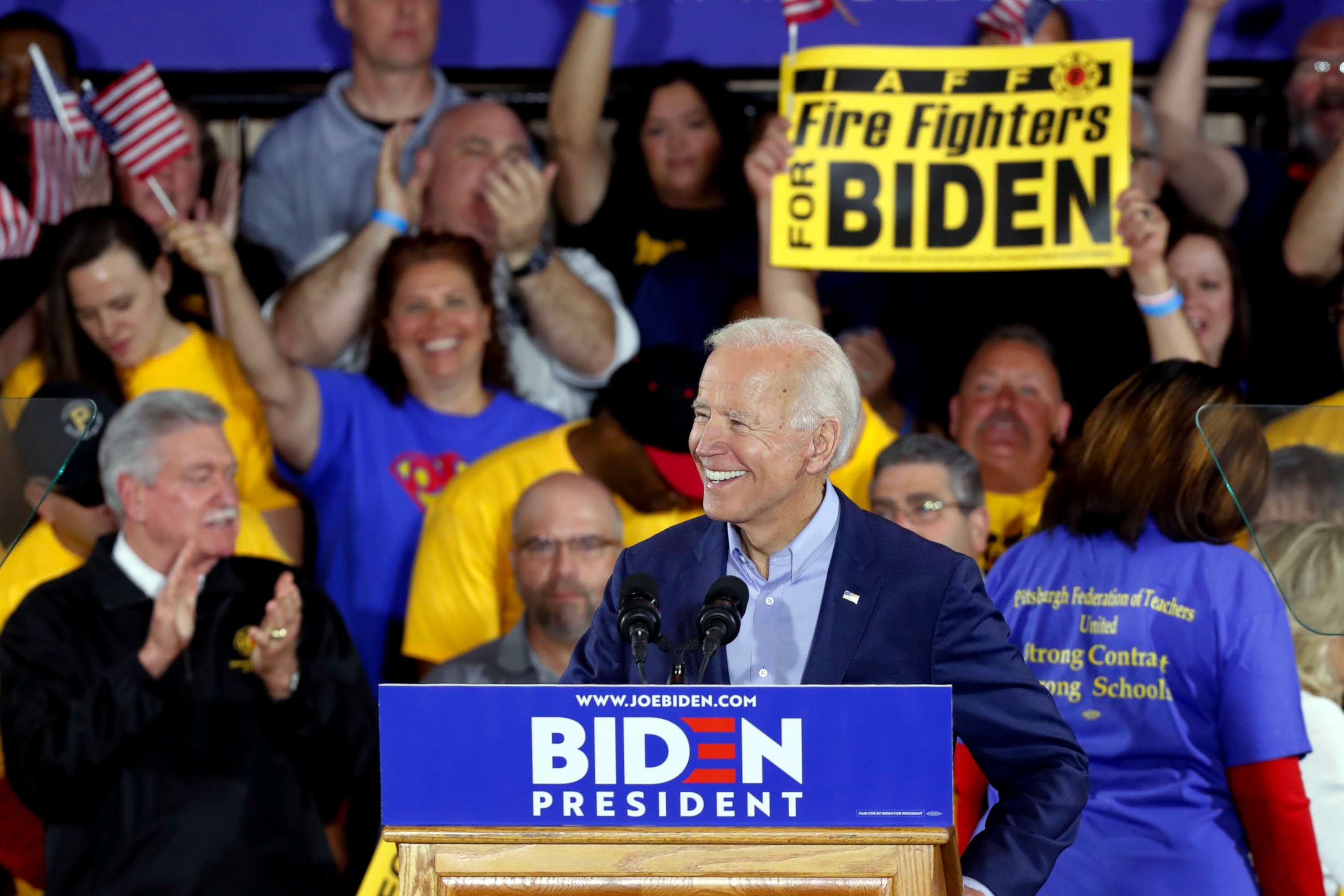 PHOTO: Democratic presidential candidate former Vice President Joe Biden speaks during a campaign stop at a Teamsters union hall in Pittsburgh, April 29, 2019.