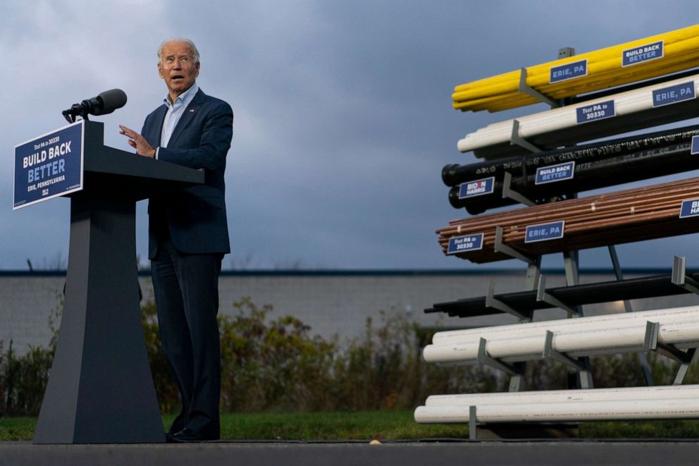 PHOTO: Democratic presidential candidate former Vice President Joe Biden speaks at the Plumbers Local Union No. 27 training center, Saturday, Oct. 10, 2020, in Erie, Pa.