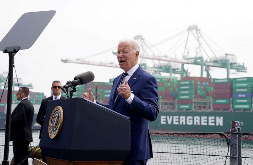 PHOTO: President Joe Biden speaks during a visit to the Port of Los Angeles, during the Ninth Summit of the Americas, on June 10, 2022.