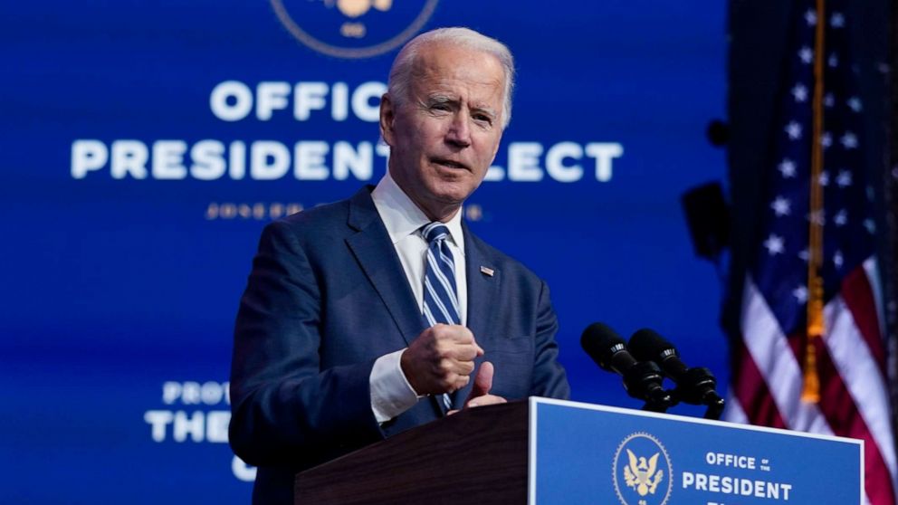 PHOTO: President-elect Joe Biden speaks at The Queen theater, Nov. 10, 2020, in Wilmington, Del.