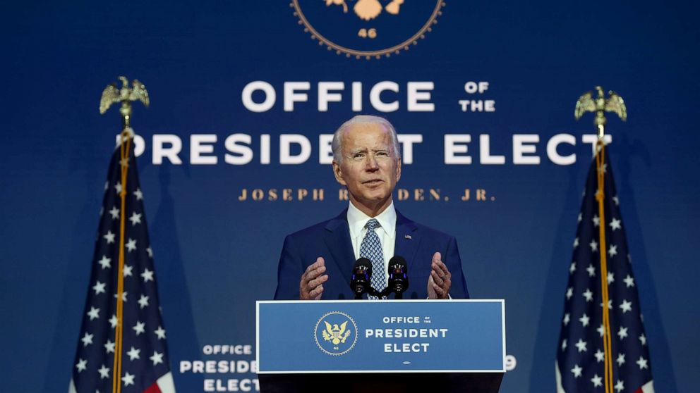PHOTO: President-elect Joe Biden speaks to the media at the Queen Theater after receiving a briefing from the transition COVID-19 advisory board, Nov. 9, 2020, in Wilmington, Delaware.