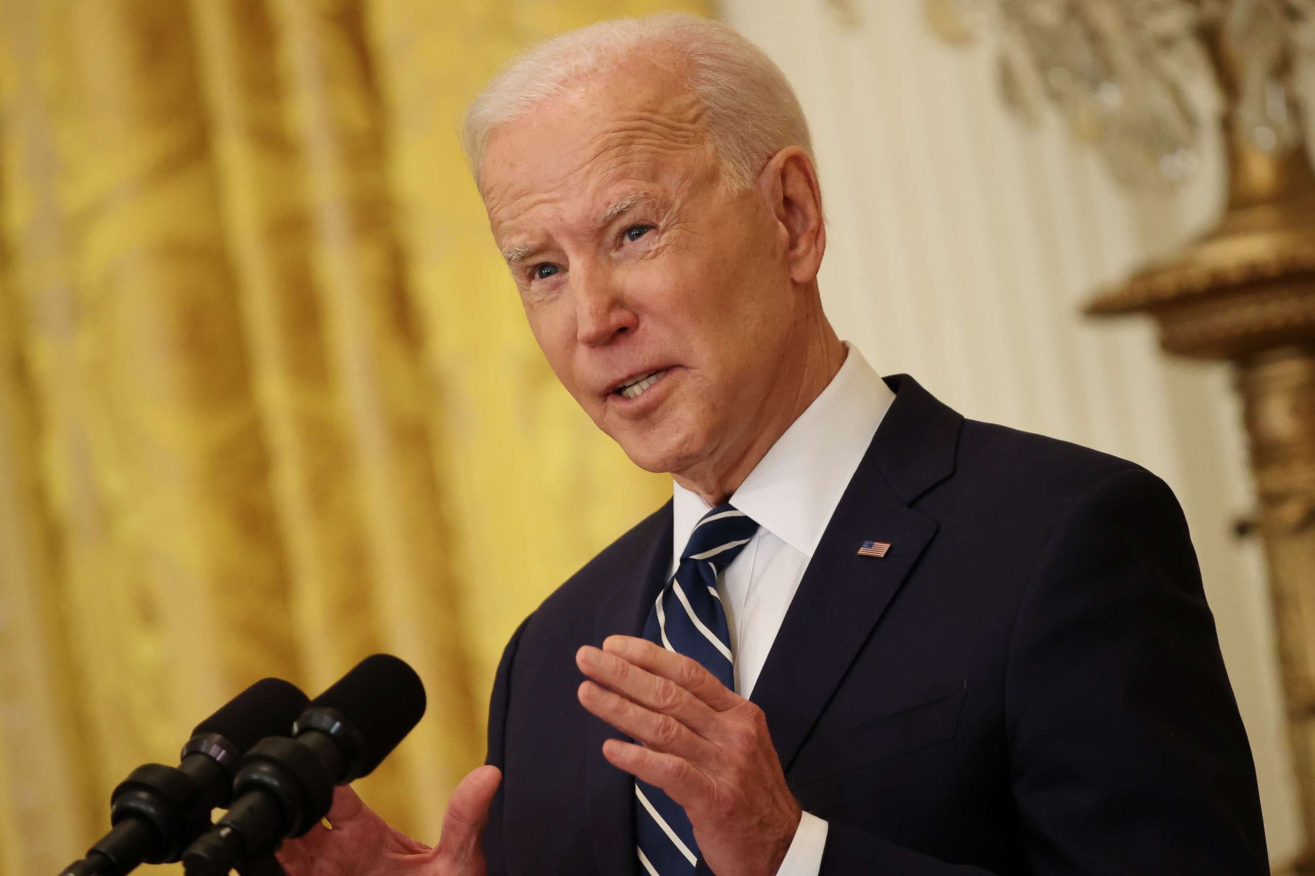 PHOTO: President Joe Biden talks to reporters during the first news conference of his presidency on March 25, 2021.