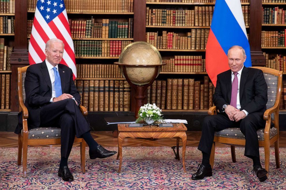 PHOTO: In this June 16, 2021, file photo, U.S. president Joe Biden and Russian President Vladimir Putin meet during the U.S.-Russia summit at Villa La Grange in Geneva, Switzerland.