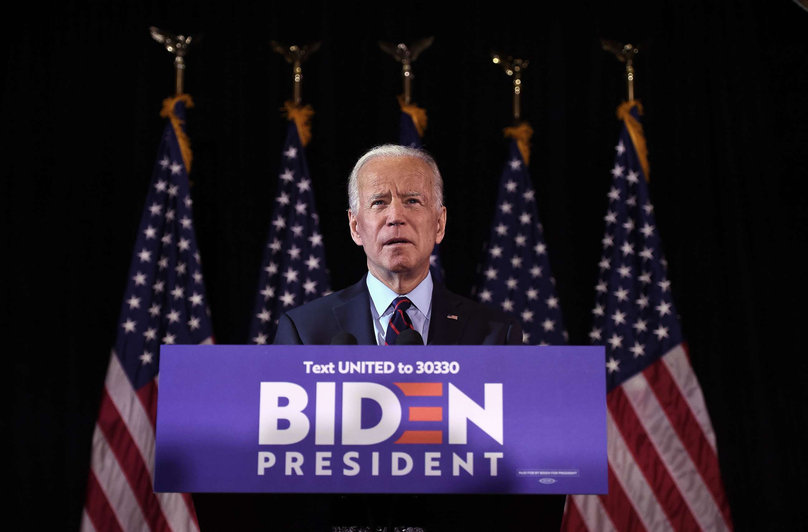 PHOTO: Democratic presidential hopeful Joe Biden makes a statement on Ukraine corruption during a press conference at the Hotel Du Pont on Sept. 23, 2019, in Wilmington, D.E.