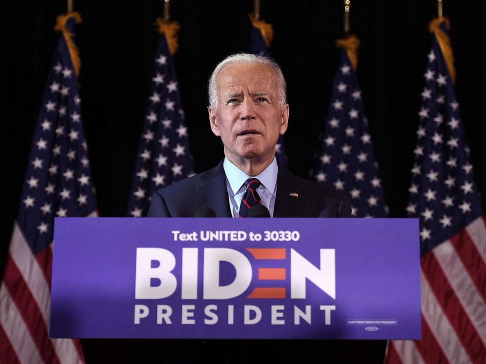 PHOTO: Democratic presidential hopeful Joe Biden makes a statement on Ukraine corruption during a press conference at the Hotel Du Pont on Sept. 23, 2019, in Wilmington, D.E.