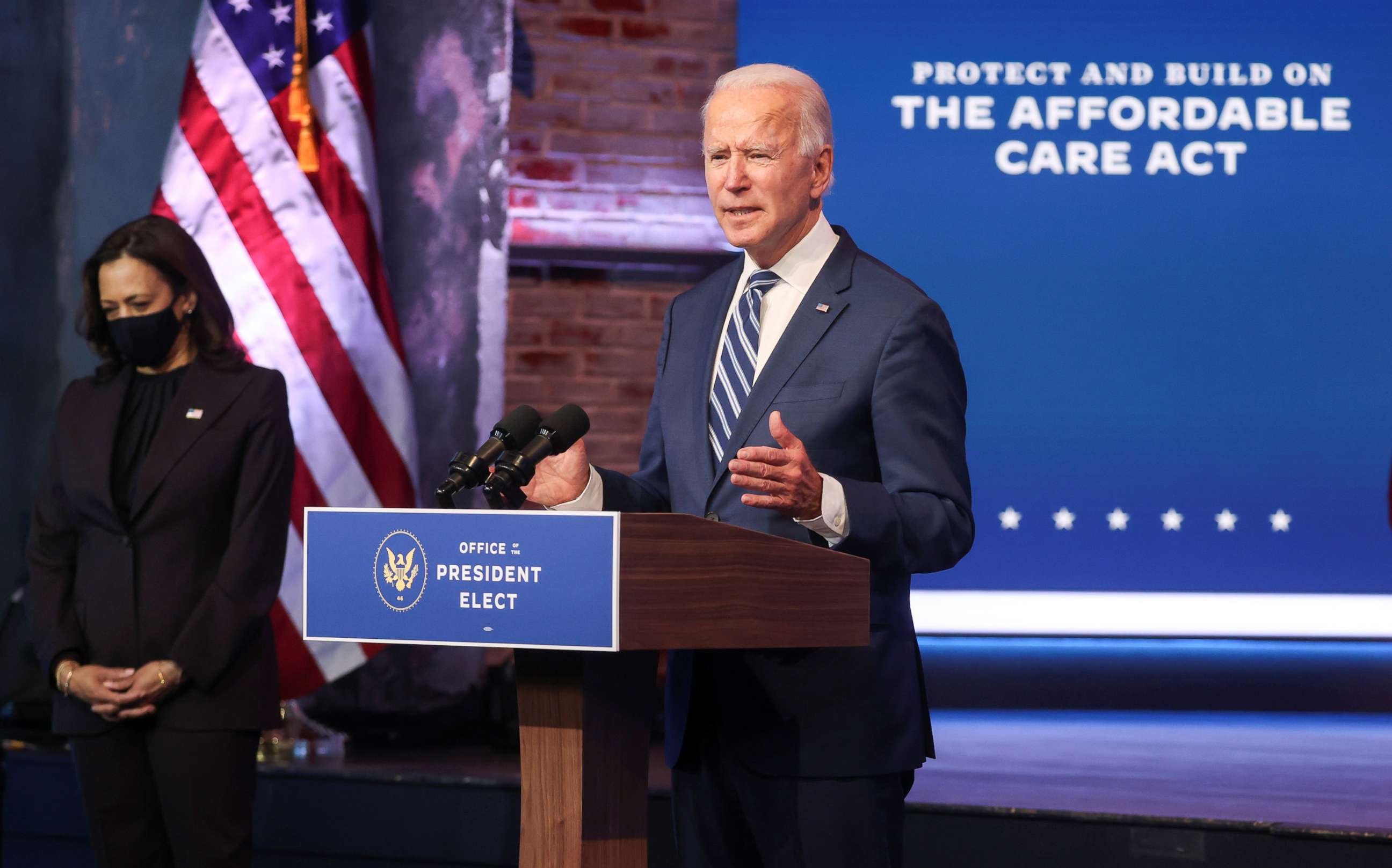 PHOTO: President-elect Joe Biden talks about protecting the Affordable Care Act (ACA) to reporters during an appearance in Wilmington, Delaware, Nov. 10, 2020.