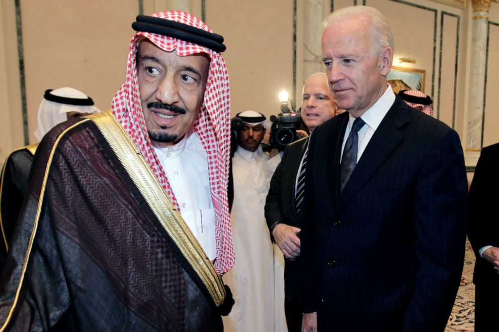 PHOTO: Then-Vice President Joe Biden offers his condolences to then Prince Salman bin Abdel-Aziz upon the death of his brother Saudi Crown Prince Sultan bin Abdul-Aziz Al Saud, at Prince Sultan palace in Riyadh, Saudi Arabia, Oct. 27, 2011.