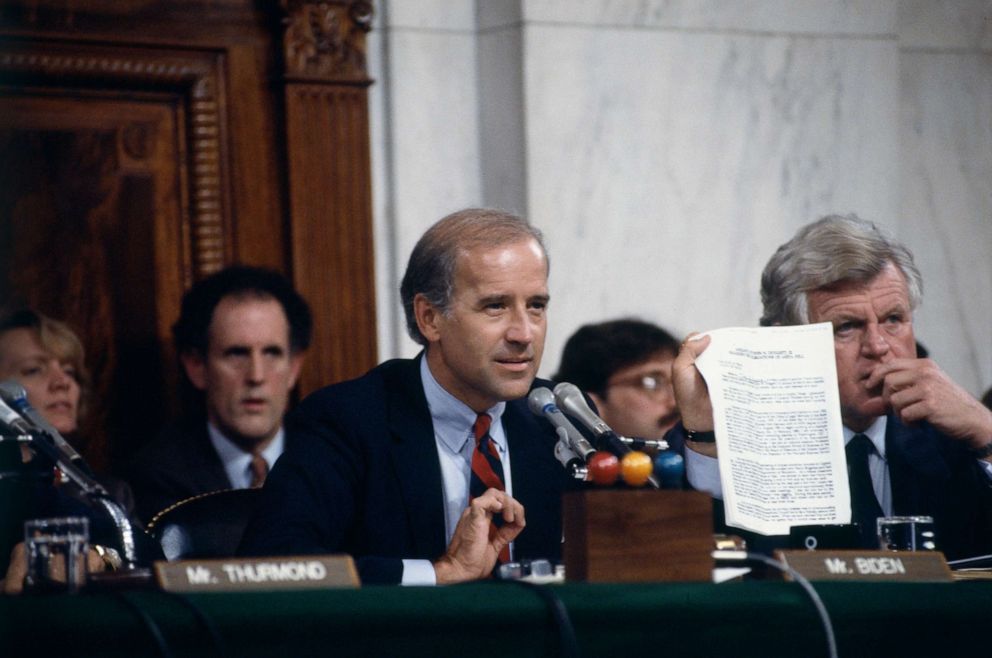 PHOTO: Sen. Joe Biden, left, speaks during a Senate committee hearing of Anita Hill and Clarence Thomas on Capitol Hill in Washington, Oct. 11, 1991.