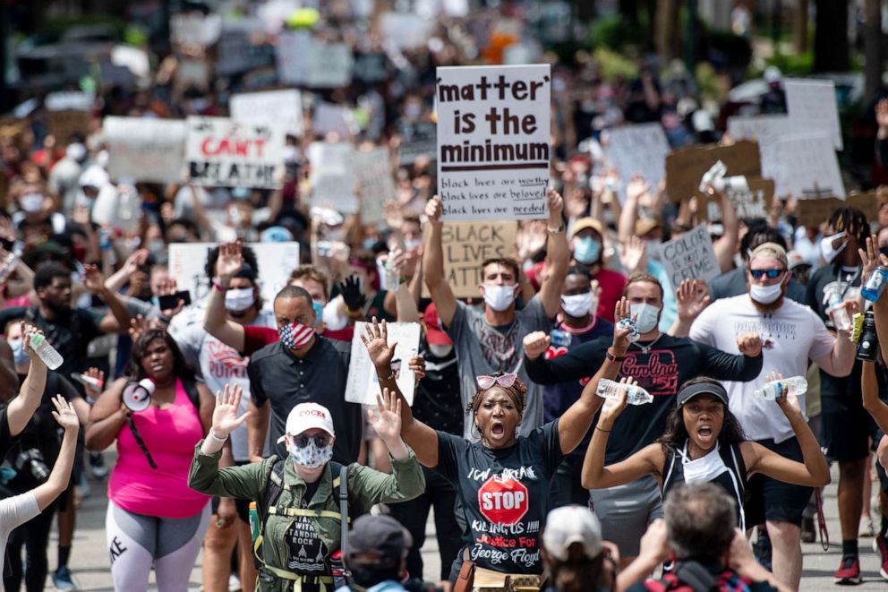 PHOTO: Demonstrators march on Main St. on June 5, 2020 in Columbia, S.C. Friday marked the seventh day of protests in the state capital, set off by the killing of George Floyd while in police custody.