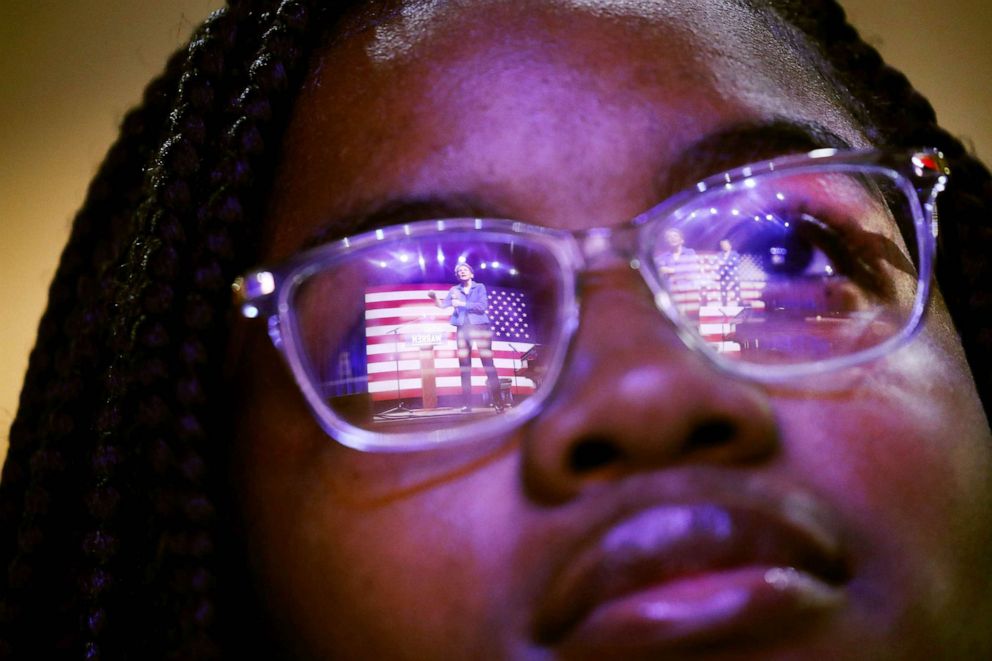 PHOTO: Democratic presidential candidate Senator Elizabeth Warren  is reflected in a student's glasses as she speaks at a Get Out the Vote Rally at South Carolina State University ahead of South Carolina's primary on February 26, 2020 in Orangeburg, S.C.