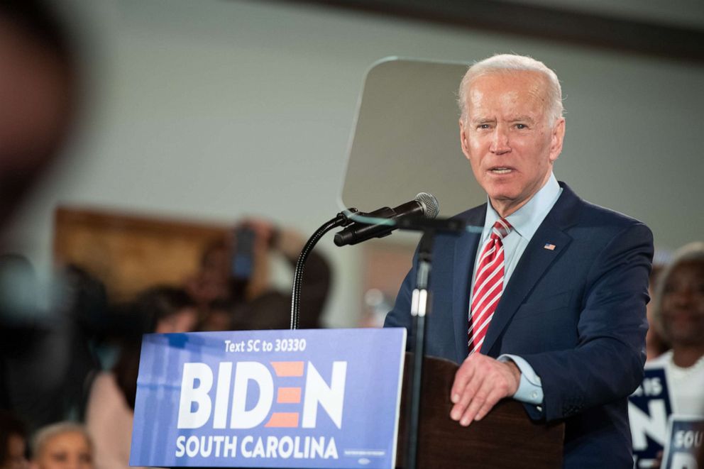 PHOTO: Democratic presidential candidate former Vice President Joe Biden addresses the crowd during a South Carolina campaign launch party, Feb. 11, 2020, in Columbia, South Carolina.