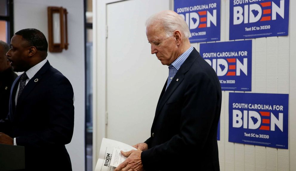 PHOTO: Democratic presidential candidate and former Vice President Joe Biden prepares to speak at a Community Resource Center in North Charleston, S.C., Feb. 24, 2020.