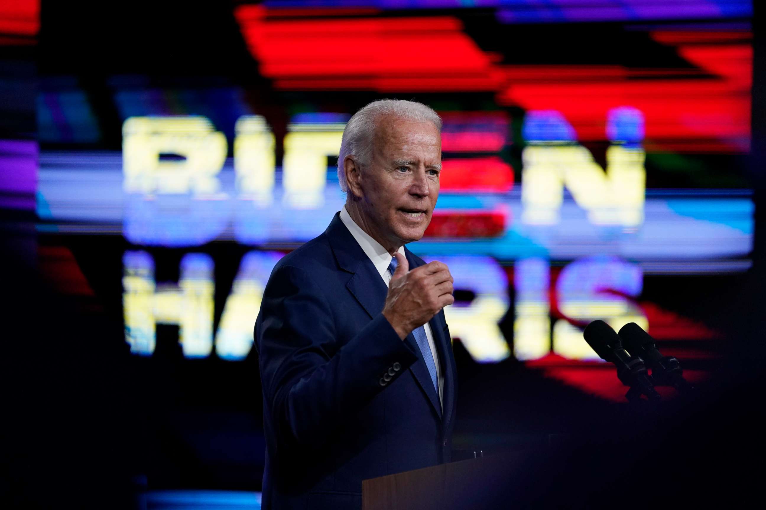 PHOTO: Democratic presidential candidate former Vice President Joe Biden speaks about school reopenings, in Wilmington, Del., Sept. 2, 2020.