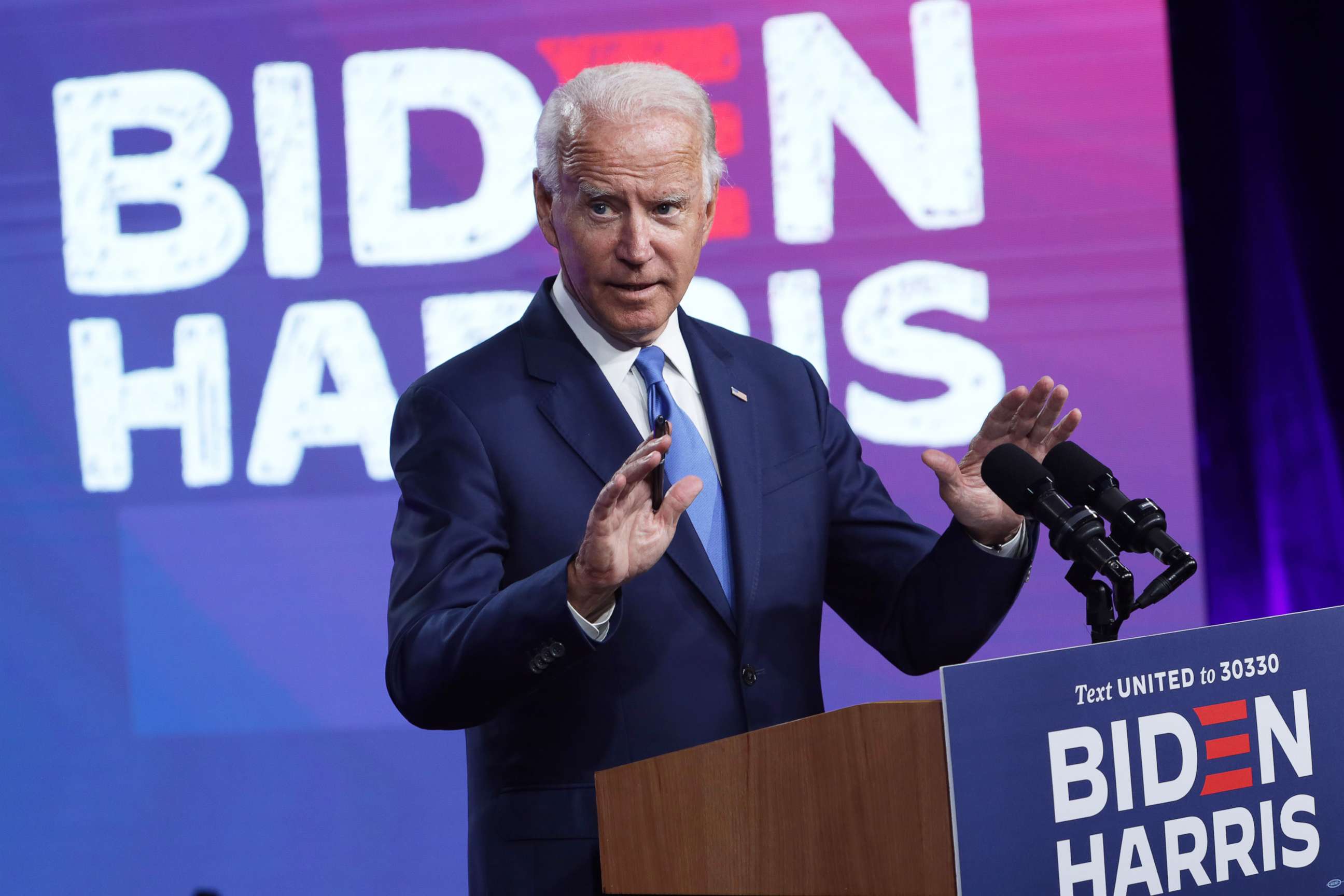 PHOTO: Democratic presidential nominee Joe Biden speaks on the coronavirus pandemic during a campaign event, Sept. 2, 2020, in Wilmington, Del.