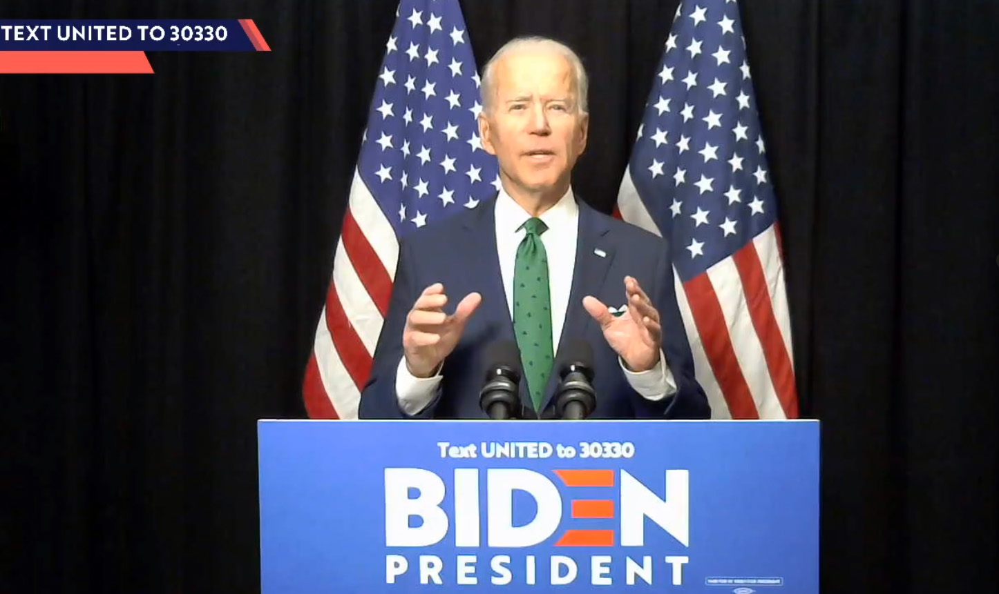 PHOTO: Former Vice President Joe Biden makes a statement via livestream from his home in Wilmington, Del., on the day that voters from Arizona, Florida and Illinois went to the polls for their state primaries, March 17, 2020.