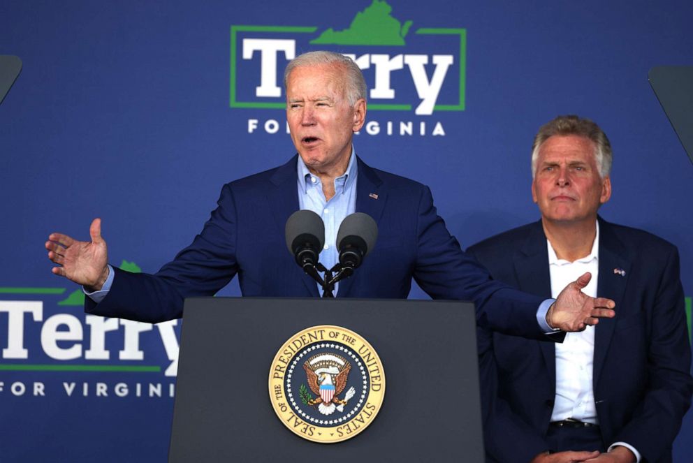 PHOTO: President Joe Biden speaks at a campaign event for Virginia gubernatorial candidate Terry McAuliffe at the Lubber Run Community Center on July 22, 2021, in Arlington, Va.