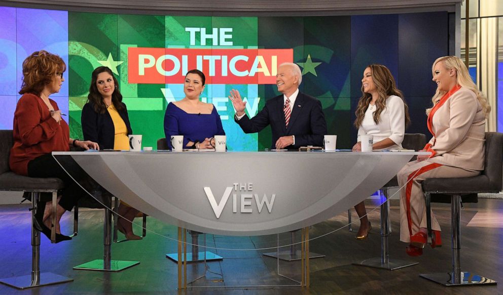 PHOTO: Former Vice President and Democratic presidential candidate Joe Biden appears on ABC's, "The View," with Joy Behar, Abby Huntsman, Ana Navarro, Sunny Hostin and Meghan McCain in New York, April 26, 2019.