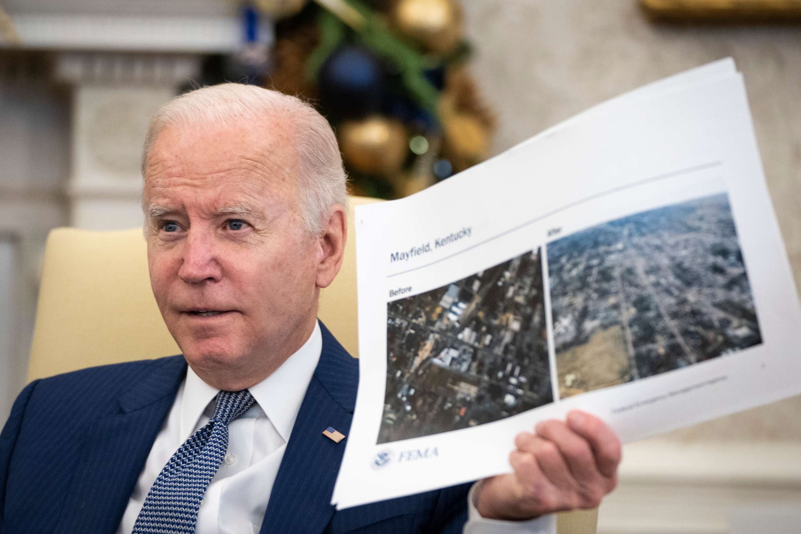 PHOTO: WASHINGTON, DC - DECEMBER 13: U.S. President Joe Biden speaks during a briefing about the recent tornadoes in the Midwest in the Oval Office of the White House December 13, 2021 in Washington, D.C. 