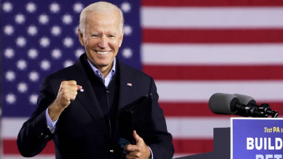 PHOTO: Democratic presidential nominee Joe Biden gestures during a campaign stop outside Johnstown Train Station in Johnstown, Penn., Sept. 30, 2020.