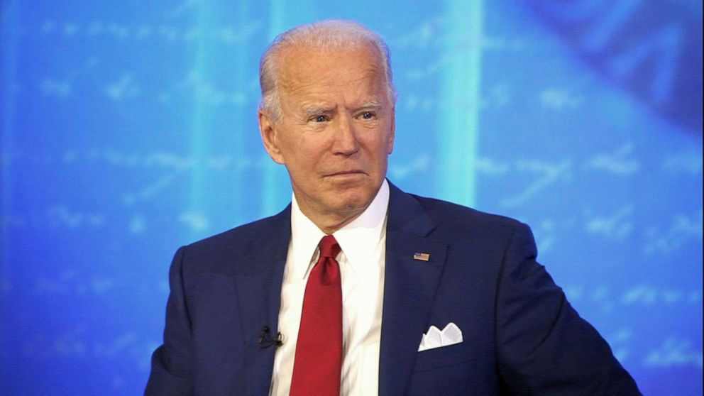 PHOTO: Former Vice President Joe Biden speaks with ABC News' George Stephanopoulos at an ABC News town hall event in Philadelphia, Oct. 15, 2020.