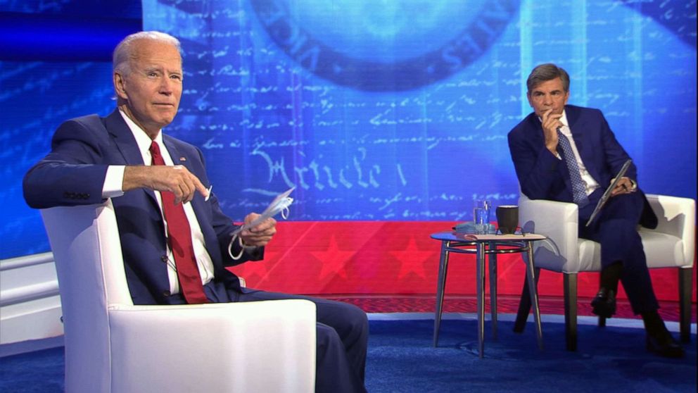 PHOTO: ABC News' Chief Anchor George Stephanopoulos speaks to former Vice President Joe Biden during an ABC News Town Hall in Philadelphia, Oct. 15, 2020.