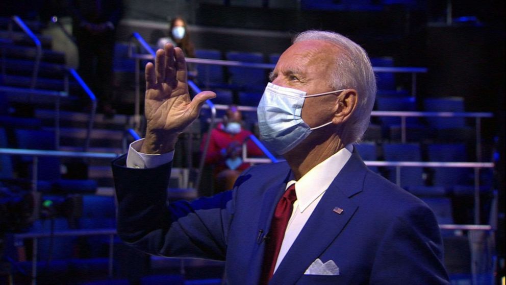 PHOTO: Former Vice President Joe Biden answers questions from members of the audience after an ABC News Town Hall in Philadelphia, Oct. 15, 2020.