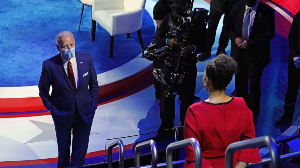 PHOTO: Former Vice President Joe Biden answers a question from a member of the audience after an ABC News Town Hall in Philadelphia, Oct. 15, 2020.