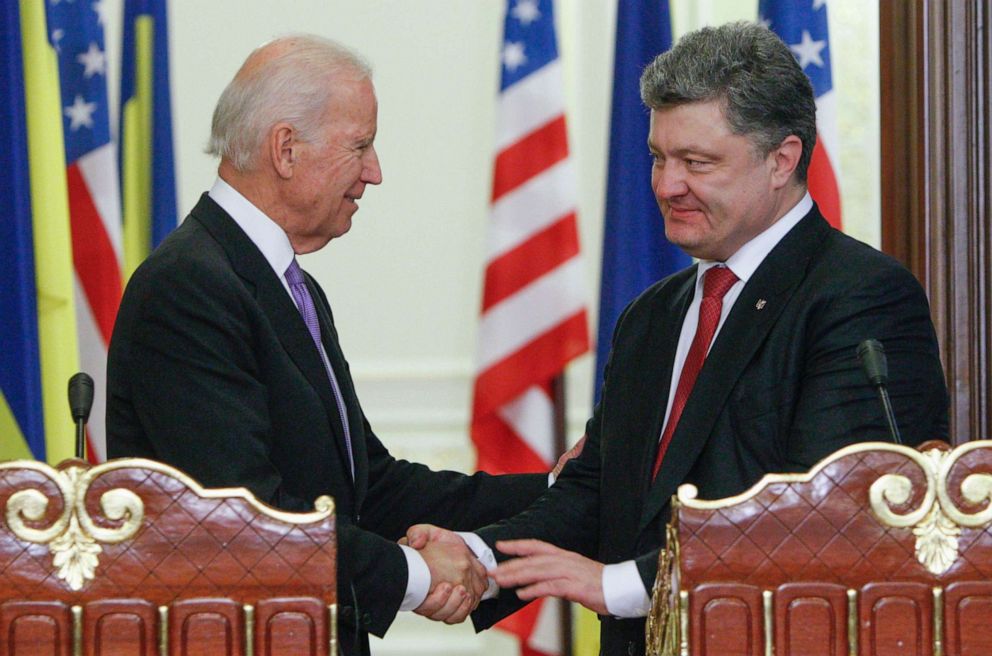 PHOTO: In this file photo, Vice President Joe Biden (L) shakes hands with Ukraine's President Petro Poroshenko during a news conference in Kiev, on November 21, 2014.