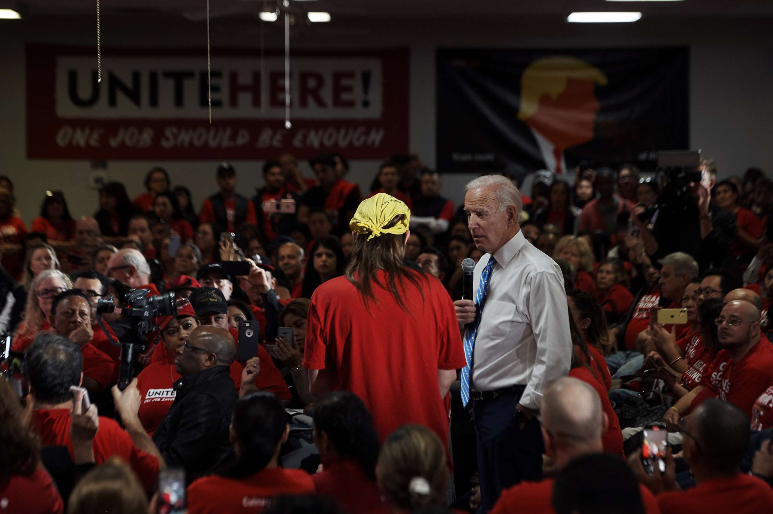 PHOTO: Former Vice President Joe Biden, a Democratic candidate for president, listens to a question about healthcare, as he takes part in a series of town halls at Culinary Workers Union Local 226 in Las Vegas, Dec. 11, 2019.