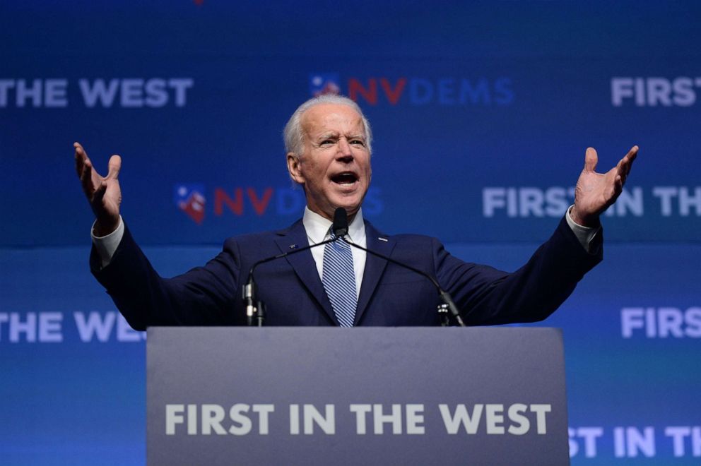 PHOTO: Democratic presidential hopeful former Vice President Joe Biden speaks on stage at "First in the West" event in Las Vegas, on Nov. 17, 2019. 