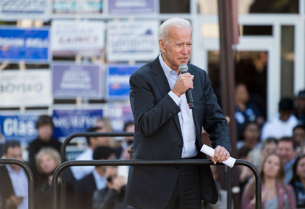 PHOTO: Former Vice President Joe Biden speaks during a kick off rally for Virginia Democrats' bid to take control of the state House and Senate in Sterling, Va., Nov. 3, 2019.