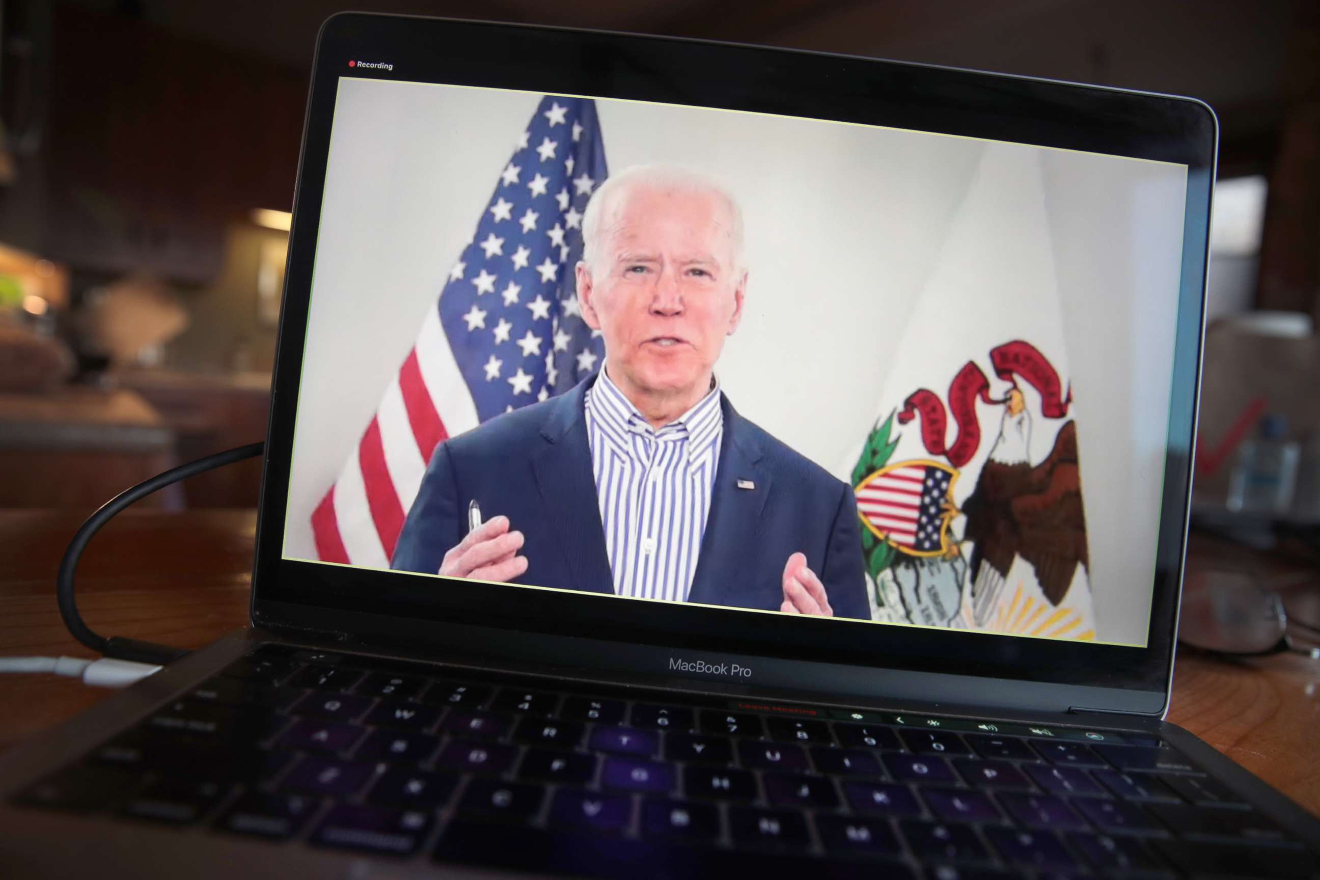 PHOTO: Vice President Joe Biden holds a virtual campaign event in place of an event scheduled for Chicago on March 13, 2020.