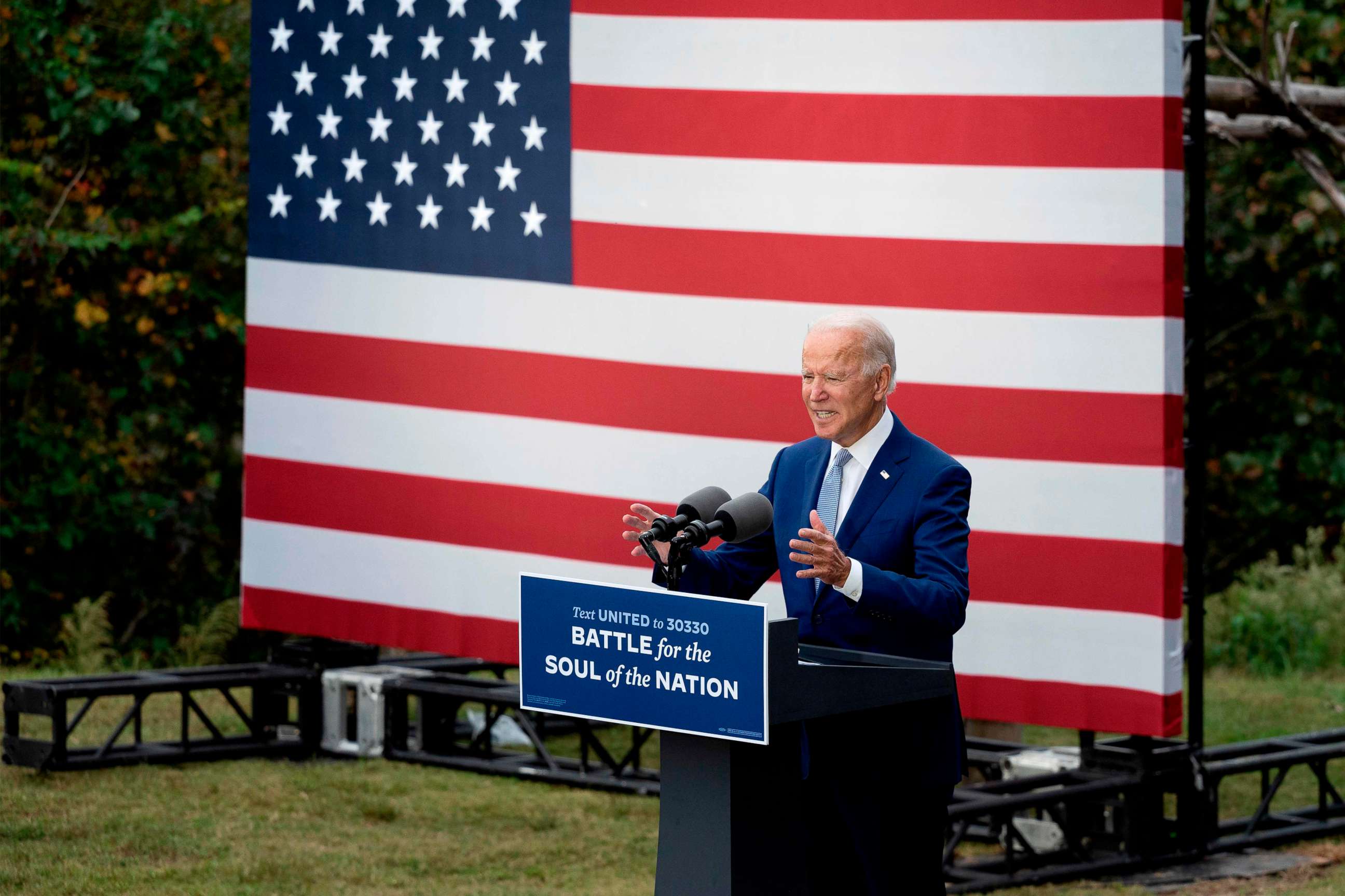 PHOTO: Democratic presidential candidate Joe Biden speaks at The Mountain Top Inn & Resort in Warm Springs, Ga., Oct. 27, 2020.