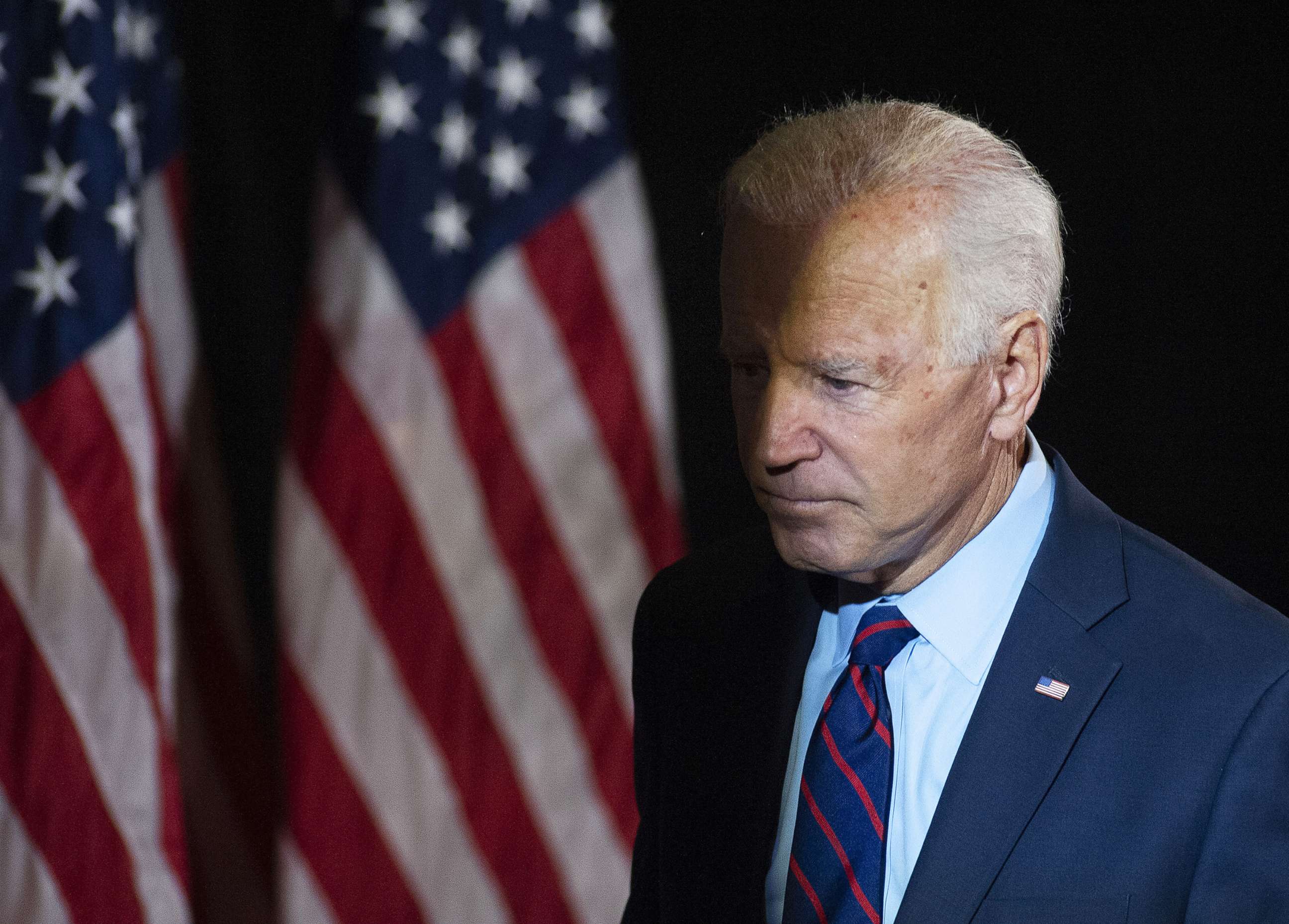 PHOTO: Former Vice President Joe Biden exits after making remarks about the DNI Whistleblower Report as well as President Trumps ongoing abuse of power at the Hotel DuPont on Sept. 24, 2019, in Wilmington, Del.