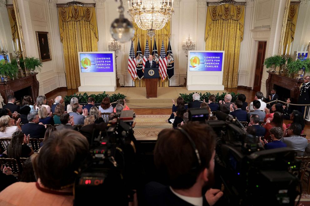 PHOTO: President Joe Biden speaks during an event promoting lower healthcare costs in the East Room of the White House, Aug. 29, 2023 in Washington, DC.