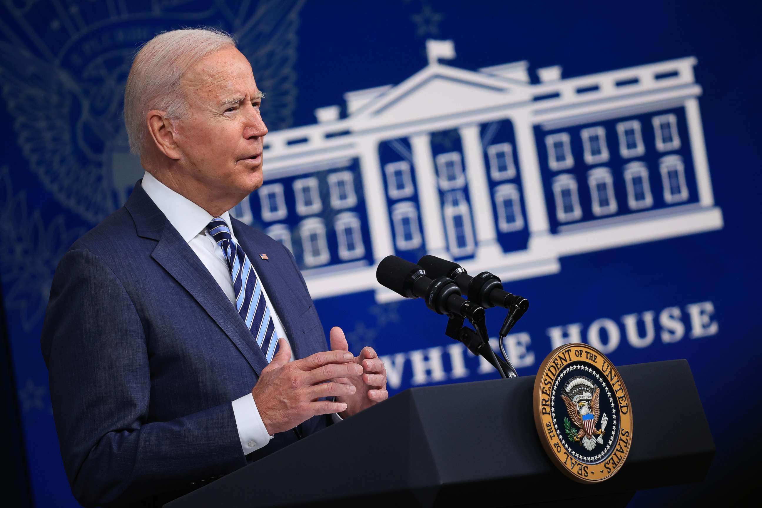 PHOTO: President Joe Biden delivers remarks about the ongoing federal response to Hurricane Ida in the South Court Auditorium of the Eisenhower Executive Office Building on Sept. 2, 2021, in Washington, D.C.