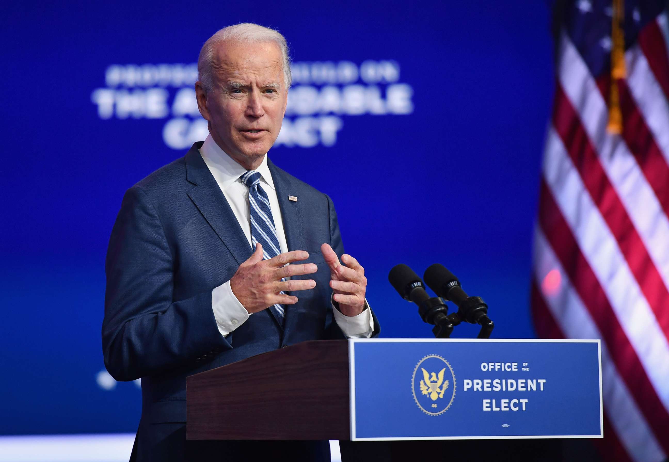 PHOTO: President-elect Joe Biden delivers remarks to the press in Wilmington, Del., on Nov. 10, 2020.