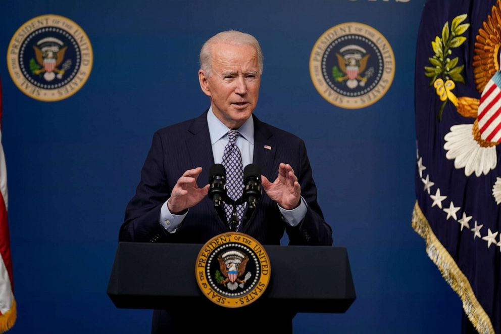 President Joe Biden speaks during an event in the South Court Auditorium on the White House campus, Thursday, Feb. 25, 2021, in Washington. 