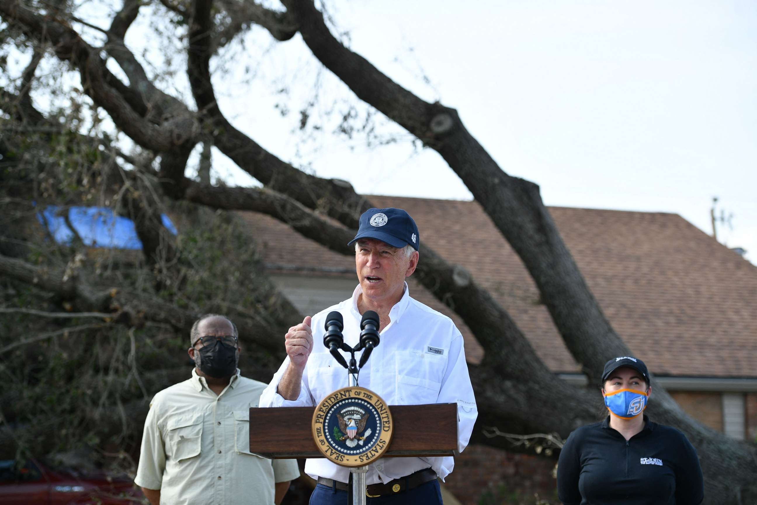 PHOTO: President Joe Biden delivers remarks after touring the Cambridge neighborhood affected by Hurricane Ida, in LaPlace, La., on Sept. 3, 2021.