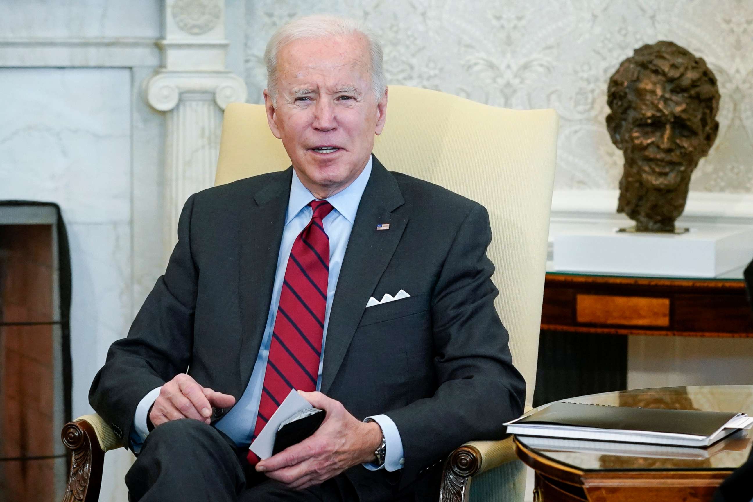 PHOTO: President Joe Biden speaks during a meeting with Vice President Kamala Harris, Sen. Dick Durbin, D-Ill., and Sen. Chuck Grassley, R-Iowa, to discuss the Supreme Court vacancy in the White House, Feb. 1, 2022, in Washington.