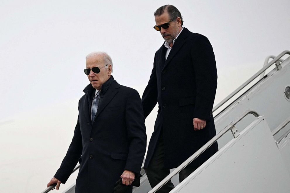 PHOTO: President Joe Biden and his son Hunter Biden, arrive at Hancock Field Air National Guard Base in Syracuse, New York, Feb. 4, 2023.