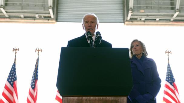 Former President Joe Biden speaks as former first lady Jill Biden looks on at Joint Base Andrews following inauguration ceremonies on January 20, 2025 in Joint Base Andrews, Maryland.