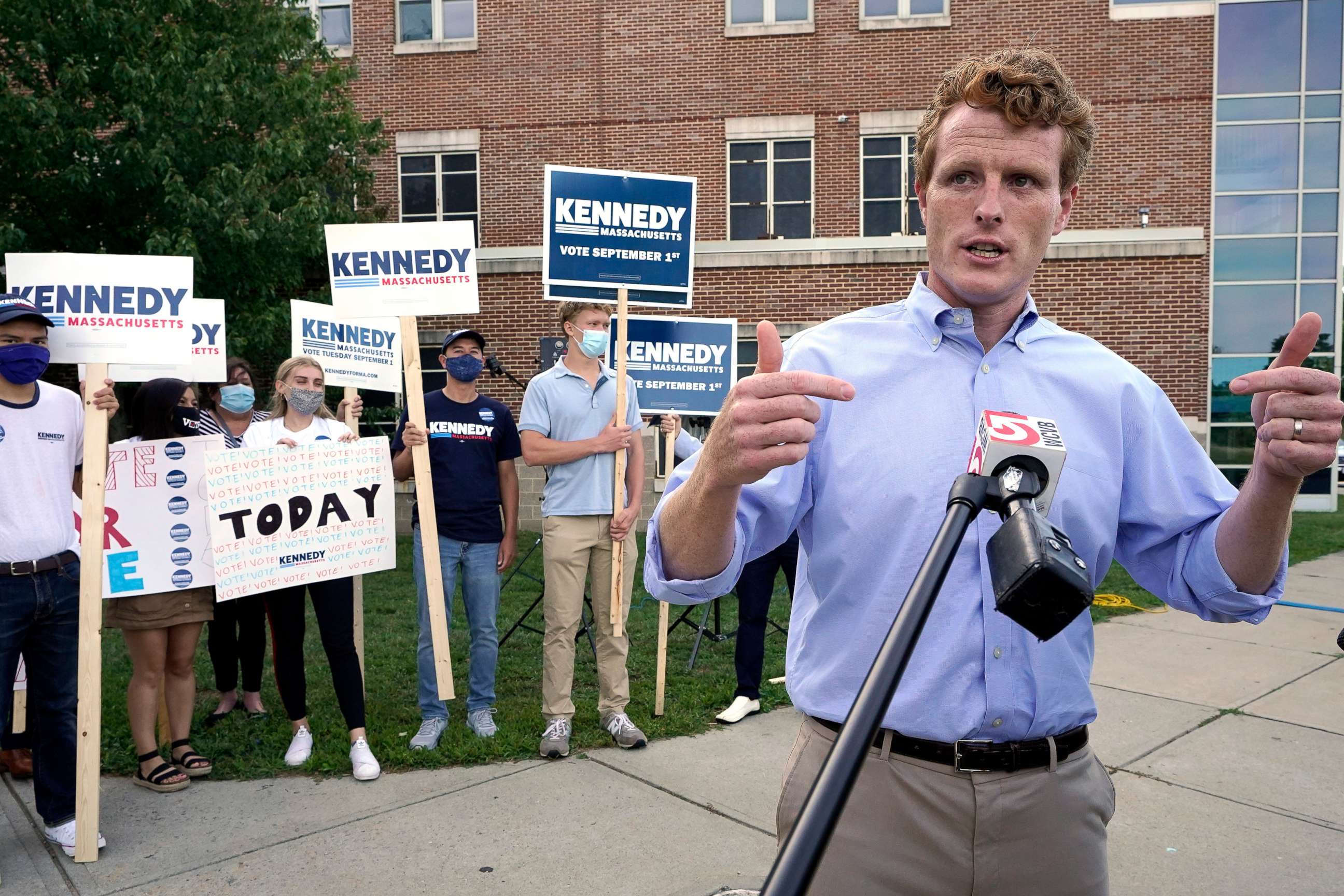 PHOTO: Rep. Joe Kennedy III stands in front of supporters while addressing members of the media during a campaign stop, Sept. 1, 2020, in Boston.