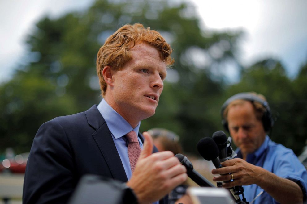 PHOTO: Representative Joe Kennedy III who is mulling a run for the U.S. Senate, answers questions from reporters in Newton, Mass., August 27, 2019.