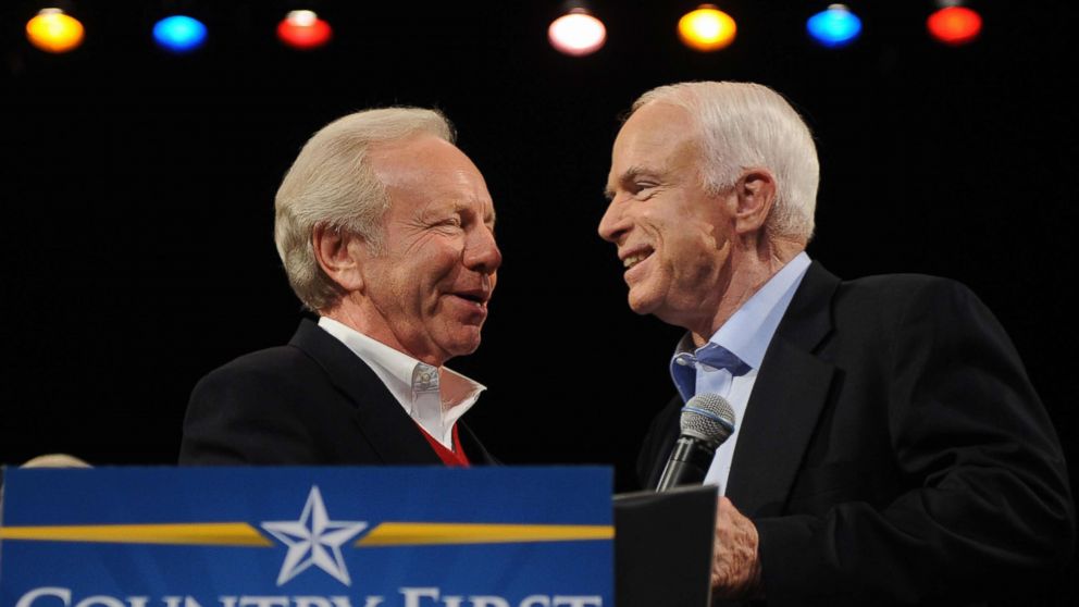 PHOTO: Sen. Joe Lieberman embraces Republican presidential nominee Sen. John McCain (R-AZ) after introducing him at a campaign rally at the Henderson Pavilion Nov. 3, 2008 in Henderson, Nevada.