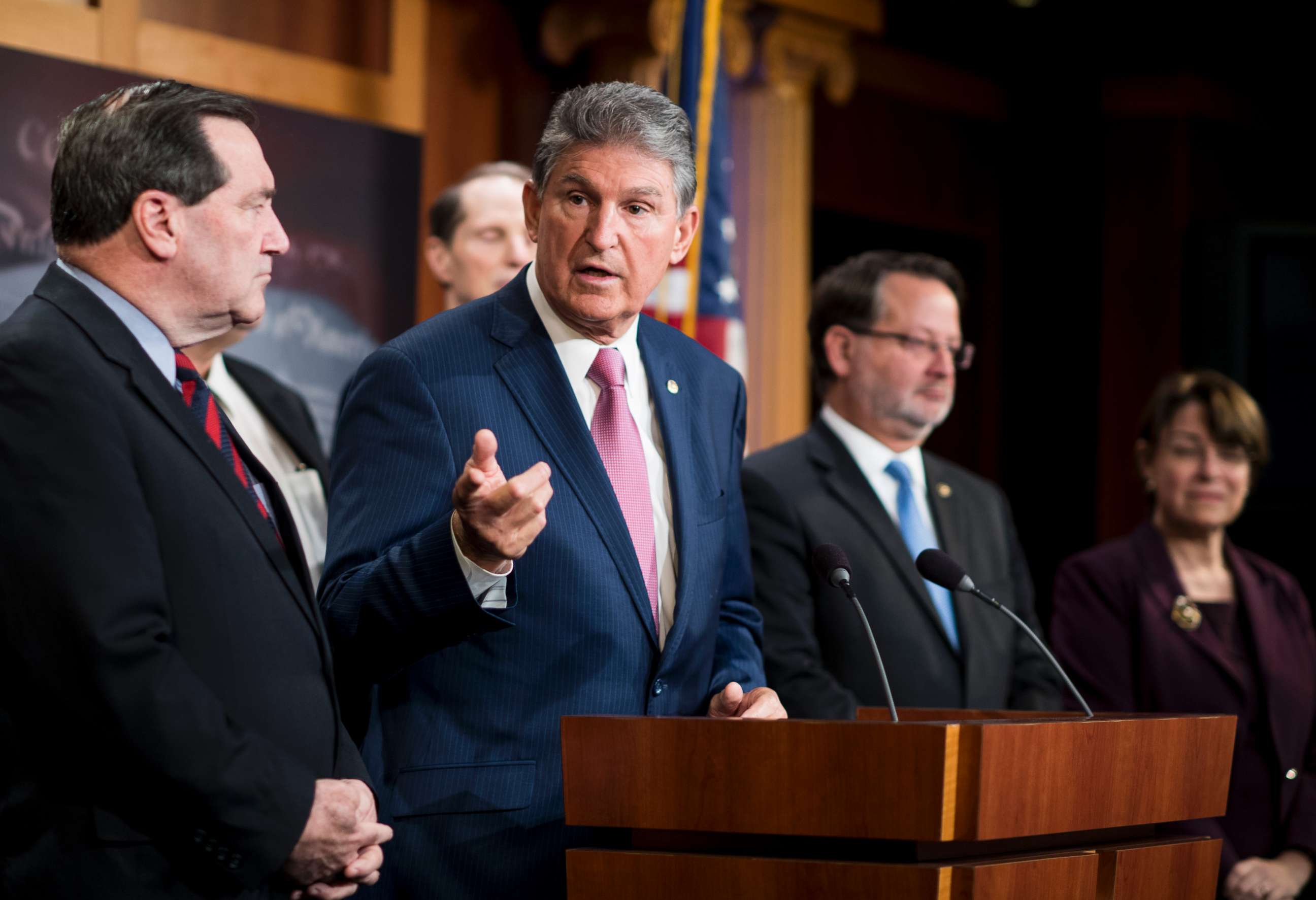 PHOTO: Sen. Joe Manchin participates in the Senate Democrats news conference on tax reform in the Capitol, Nov. 28, 2017.